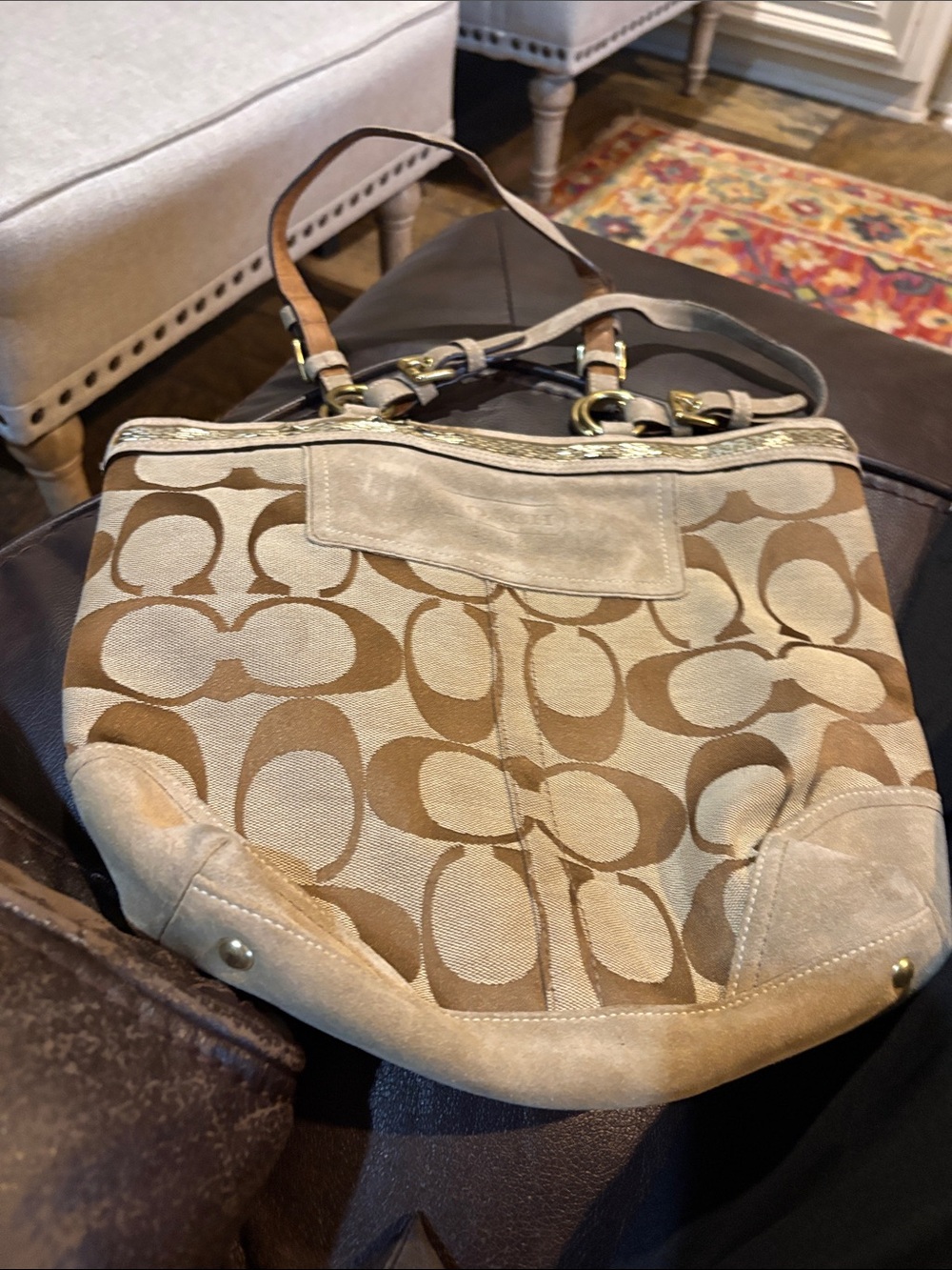 Coach Brown Signature Canvas Shoulder Bag with Tan Trim